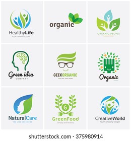 Food And Healthy Logo Set, Green Idea, People Care, Organic, Life, Natural Care, Green Foo, Creative World Brand Identity Template.