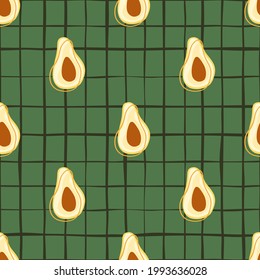 Food healthy seamless pattern with doodle avocado ornament. Green chequered background. Decorative backdrop for fabric design, textile print, wrapping, cover. Vector illustration.