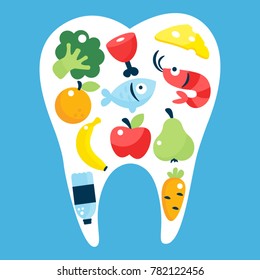 Food for healthy teeth concept with white tooth. Good foods for teeth such as apple, pear, broccoli, carrot, orange, seafood, cheese, fruits and vegetables, water and meat