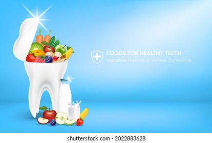 Food for healthy teeth healthy smile white sparkle tooth. Vegetables Fruits rich in vitamins and minerals as carrot, orange, strawberry, kiwi, and apple. Concept of dental nutrition healthy. 3D Vector