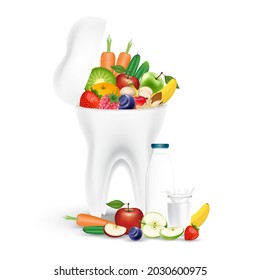 Food for healthy teeth healthy smile white sparkle tooth. Vegetables Fruits rich in vitamins and minerals as carrot, orange, strawberry, kiwi, and apple. Concept of dental nutrition healthy. 3D Vector