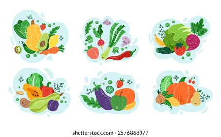 Food healthy. Vegetables composition cartoon, ingredients for salad. Green leaf, tomato, organic avocado, pumpkin, carrot. Veggie set of graphic agriculture. Vector tidy healthy garden illustration