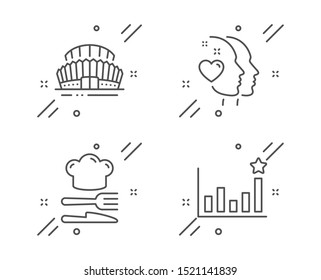 Food, Heart And Sports Stadium Line Icons Set. Efficacy Sign. Chef Hat, Love Head, Championship Arena. Business Chart. Line Food Outline Icon. Vector