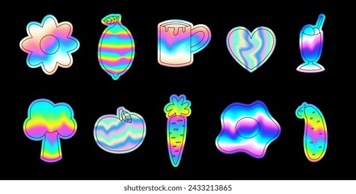 Food holographic stickers. Lemon, apple, carrot, broccoli. Vegetable and fruits vector illustration. Healthy food sticker pack.