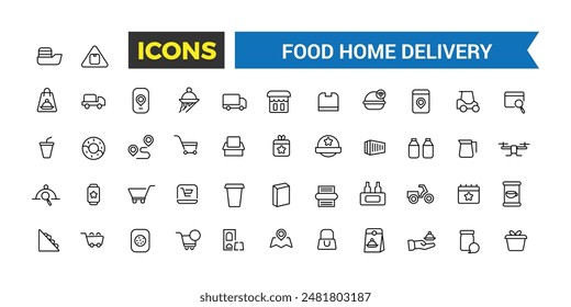 Food Home Delivery icons collection. Outline icons pack. Editable vector icon set and illustration for web and UI.