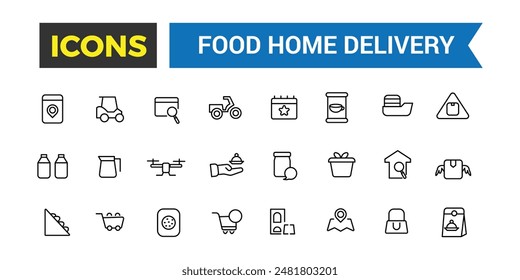 Food Home Delivery icons collection. Outline icons pack. Editable vector icon set and illustration for web and UI.