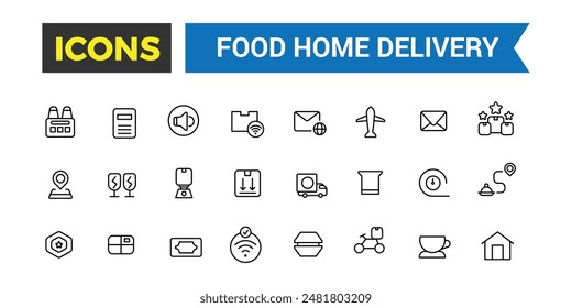 Food Home Delivery icons collection. Outline icons pack. Editable vector icon set and illustration for web and UI.