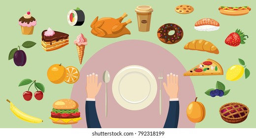 Food horizontal banner concept plate. Cartoon illustration of food vector horizontal banner concept for web