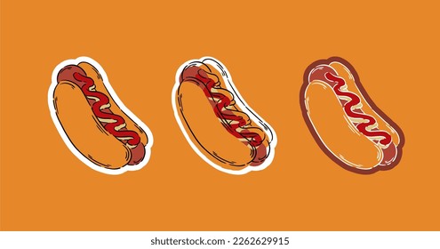 Futter-Hotdogs sind handgezeichnet und doodle Aufkleber. Logo auf der Illustrationssymbole für Hotdogs