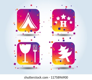 Food, hotel, camping tent and tree icons. Wineglass and fork. Break down tree. Road signs. Colour gradient square buttons. Flat design concept. Vector