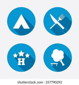 Food, hotel, camping tent and tree icons. Knife and fork. Break down tree. Road signs. Circle concept web buttons. Vector