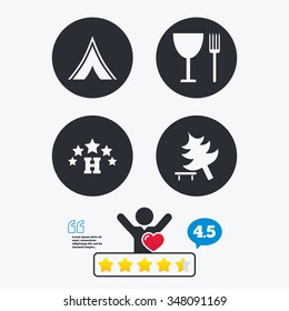 Food, hotel, camping tent and tree icons. Wineglass and fork. Break down tree. Road signs. Star vote ranking. Client like and think bubble. Quotes with message.