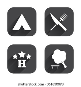 Food, hotel, camping tent and tree icons. Knife and fork. Break down tree. Road signs. Square flat buttons with long shadow.