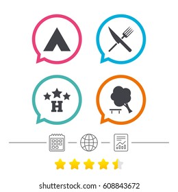 Food, hotel, camping tent and tree icons. Knife and fork. Tree falling. Road signs. Calendar, internet globe and report linear icons. Star vote ranking. Vector