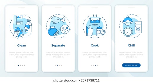 Food hygiene blue onboarding mobile app screen. Walkthrough 4 steps editable graphic instructions with linear concepts. UI, UX, GUI template