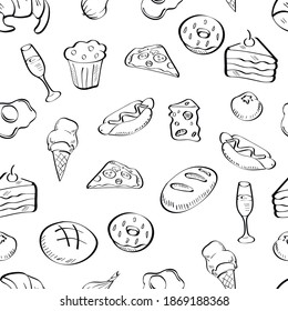 food, ice cream , sweets vector hand drawn seamless pattern on white background. Concept for menu, cards, print, wallpaper 