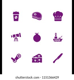 food icon. 9 food set with meat, onion, tools and utensils and miscellaneous vector icons for web and mobile app