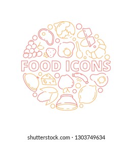Food icon background. Colored circle shape kitchen menu fresh products fish chicken and vegetables fruits natural meal vector concept