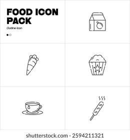 Food icon bundle. Carton orange juice, Carrot, popcorn, tea, sausage. Vector set