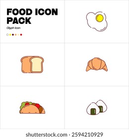 Food icon bundle. Fried egg, bread, croissant, taco, onigiri. Meals vector set