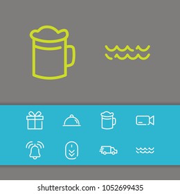 Food icon with camera, delivery truck and scroll down symbols. Set of meal, scroll down, beer icons and camcorder concept. Editable vector elements for logo app UI design.