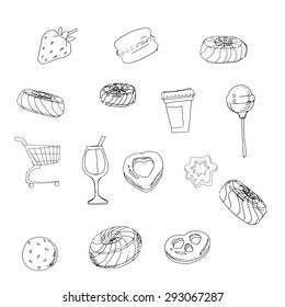 food icon candy glass, truck, cup, cookies, strawberries, drawing