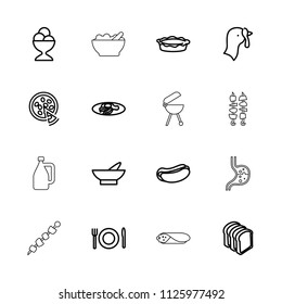 Food icon. collection of 16 food outline icons such as turkey, bowl, hot dog, ice cream ball, bread slices, pie, fried egg and bacon. editable food icons for web and mobile.