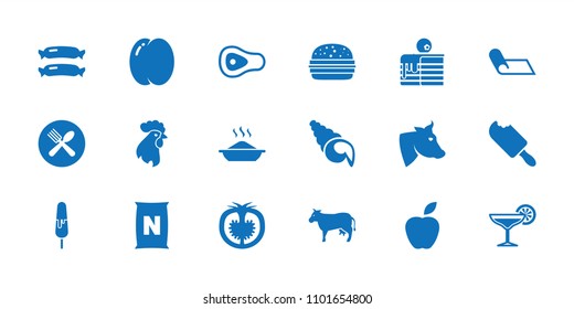 Food icon. collection of 18 food filled icons such as sausage, peach, cow, spoon and fork, tomato, cocktail, shell, apple, beef. editable food icons for web and mobile.