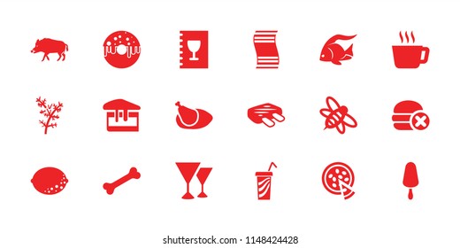 Food icon. collection of 18 food filled icons such as hog, fish, tea, ice cream on stick, bee, pizza, chicken, menu, meat, deel, lemon. editable food icons for web and mobile.