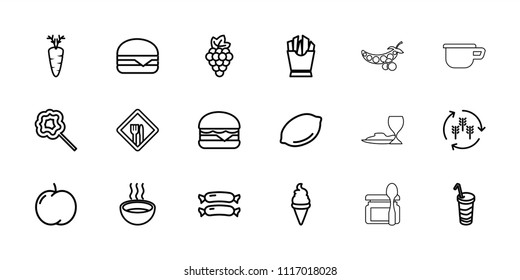 Food icon. collection of 18 food outline icons such as harvest, sausage, apple, grape, lemon, ice cream, french fries, cheeseburger. editable food icons for web and mobile.