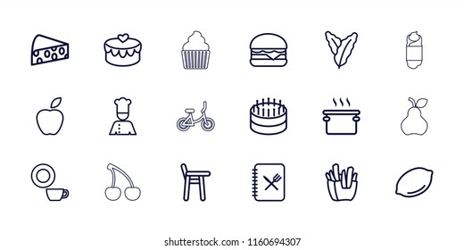 Food icon. collection of 18 food outline icons such as spinach, lemon, dish, cake, pan, french fries, baby chair, cheeseburger, apple. editable food icons for web and mobile.