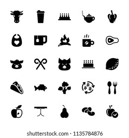 Food icon. collection of 25 food filled icons such as chili, pepper, bean, cow, pig, baby bid, teapot, apple, cake, taco, candy cane. editable food icons for web and mobile.