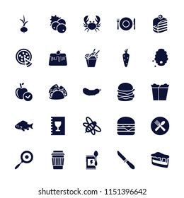 Food icon. collection of 25 food filled icons such as currant, carrot, fish, apple, piece of cake, drink, taco, cheeseburger, bee. editable food icons for web and mobile.