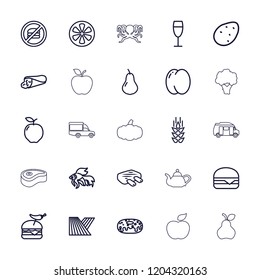 Food icon. collection of 25 food outline icons such as wheat, field, potato, apple, pear, peach, fish, wrap sandwich, donut. editable food icons for web and mobile.