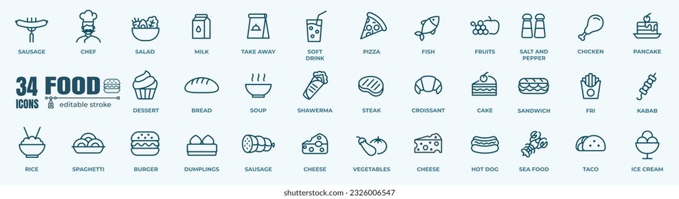 Food icon collection. Containing meal, restaurant, dishes and fruits icon. Vector illustration