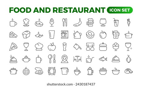 Food icon collection. Containing meal, restaurant, dishes, and fruit icons. Set of outline icons related to food and drink. Linear icon collection. Outline icons such as drink water,apple leaf,pack.