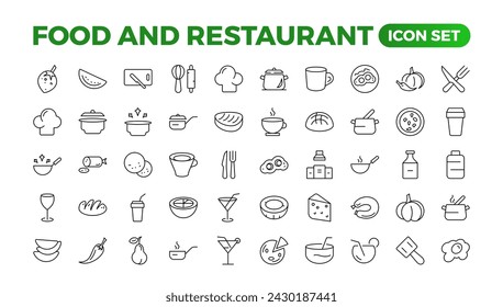 Food icon collection. Containing meal, restaurant, dishes, and fruit icons. Set of outline icons related to food and drink. Linear icon collection. Outline icons such as drink water,apple leaf,pack.
