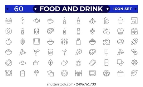 Food icon collection. Containing meal, restaurant, dishes and fruits icon. Set of outline icons related to food and drink. Linear icon collection. 
