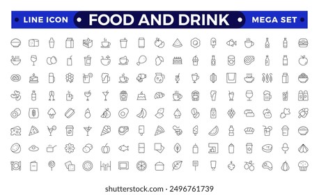 Food icon collection. Containing meal, restaurant, dishes and fruits icon. Set of outline icons related to food and drink. Linear icon collection. 
