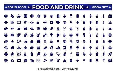 Food icon collection. Containing meal, restaurant, dishes and fruits icon. Set of solid icons related to food and drink. Solid icon collection. 
