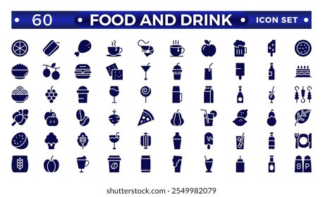 Coleção de ícones de alimentos. Contendo ícone de refeição, restaurante, pratos e frutas. Conjunto de ícones sólidos relacionados a alimentos e bebidas. Coleção de ícones do Solid. 
