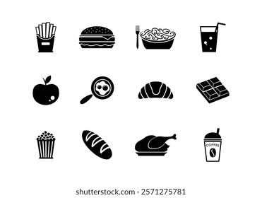 Food icon collection. Containing meal, restaurant, dishes and fruits icon. Vector illustration. food and drink icon. Burger, drink bottle, roast, bread, apple, fries, egg, popcorn icon set.