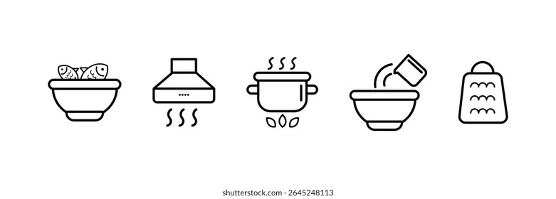 Food icon collection. Containing meal, restaurant, dishes icon. Kitchen utensil - pan, oven, cookbook, saucepan, weight, chef hat, blender, glass crockery, casserole. Vector Illustration. 
