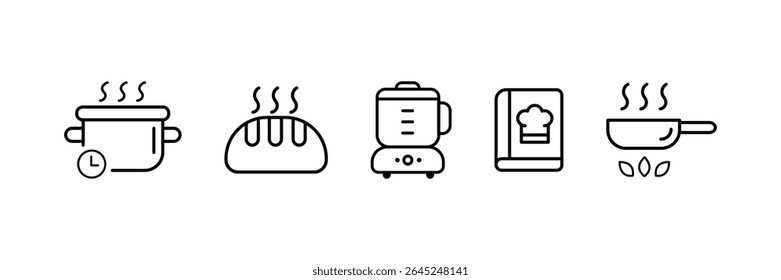 Food icon collection. Containing meal, restaurant, dishes icon. Kitchen utensil - pan, oven, cookbook, saucepan, weight, chef hat, blender, glass crockery, casserole. Vector Illustration. 