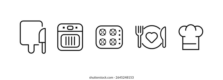 Food icon collection. Containing meal, restaurant, dishes icon. Kitchen utensil - pan, oven, cookbook, saucepan, weight, chef hat, blender, glass crockery, casserole. Vector Illustration. 