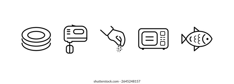 Food icon collection. Containing meal, restaurant, dishes icon. Kitchen utensil - pan, oven, cookbook, saucepan, weight, chef hat, blender, glass crockery, casserole. Vector Illustration. 