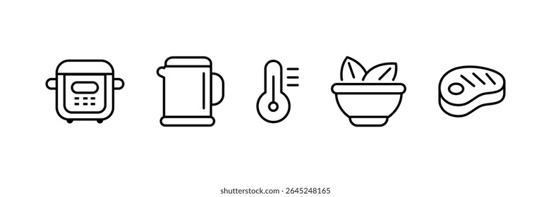Food icon collection. Containing meal, restaurant, dishes icon. Kitchen utensil - pan, oven, cookbook, saucepan, weight, chef hat, blender, glass crockery, casserole. Vector Illustration. 