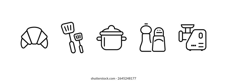 Food icon collection. Containing meal, restaurant, dishes icon. Kitchen utensil - pan, oven, cookbook, saucepan, weight, chef hat, blender, glass crockery, casserole. Vector Illustration. 