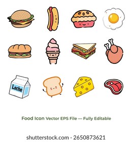 Coleção de ícones de alimentos. Contendo ícone de refeição, restaurante, pratos e frutas. Ilustração vetorial