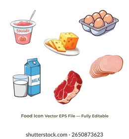 Coleção de ícones de alimentos. Contendo ícone de refeição, restaurante, pratos e frutas. Ilustração vetorial